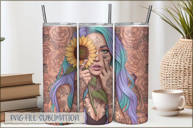 Badass Sunflower Girl 20 Oz Tumbler Wrap PNG Sublimation Shetara Begum 