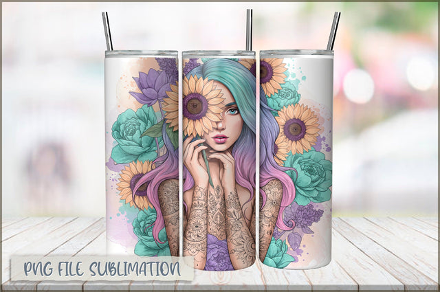Badass Sunflower Girl 20 Oz Tumbler Wrap PNG Sublimation Shetara Begum 