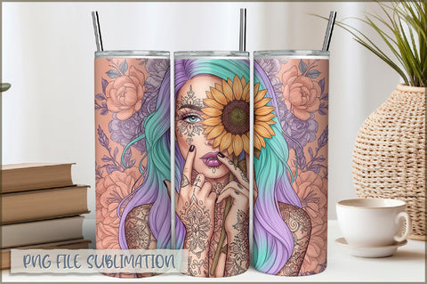 Badass Sunflower Girl 20 Oz Tumbler Wrap PNG Sublimation Shetara Begum 