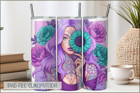 Badass Sunflower Girl 20 Oz Tumbler Wrap PNG Sublimation Shetara Begum 