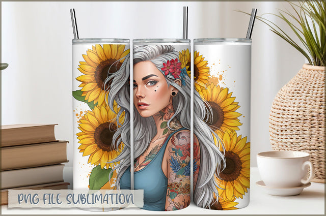 Badass Sunflower Girl 20 Oz Tumbler Wrap PNG Sublimation Shetara Begum 