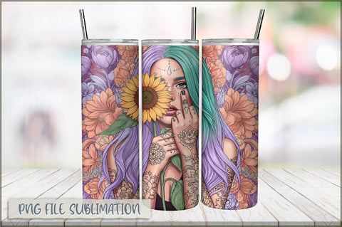 Badass Sunflower Girl 20 Oz Tumbler Wrap PNG Sublimation Shetara Begum 