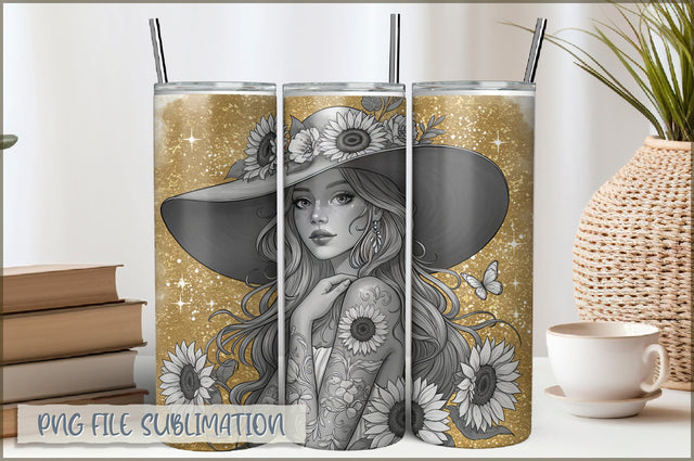 Badass Sunflower Girl 20 Oz Tumbler Wrap PNG Sublimation Shetara Begum 