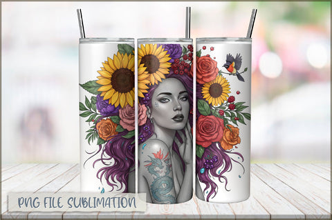 Badass Sunflower Girl 20 Oz Tumbler Wrap PNG Sublimation Shetara Begum 