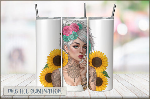 Badass Sunflower Girl 20 Oz Tumbler Wrap PNG Sublimation Shetara Begum 
