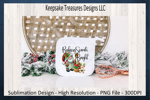 'Baking Spirits Bright' Festive Gnome Santa and Treats Illustration, Sublimation PNG Sublimation Keepsake Treasures Designs LLC. 