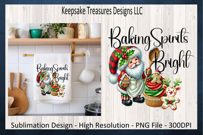 'Baking Spirits Bright' Festive Gnome Santa and Treats Illustration, Sublimation PNG Sublimation Keepsake Treasures Designs LLC. 