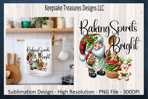 'Baking Spirits Bright' Festive Gnome Santa and Treats Illustration, Sublimation PNG Sublimation Keepsake Treasures Designs LLC. 