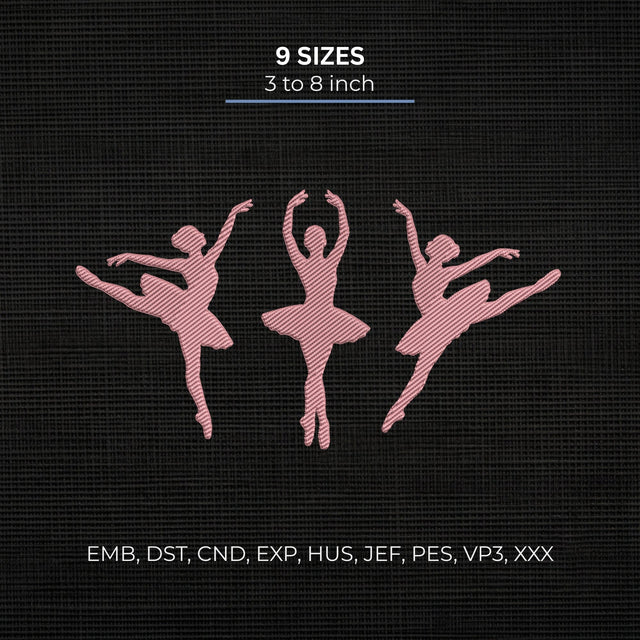 Ballet Dancers Embroidery Design – Three Pink Ballerina Silhouettes Dance Machine Embroidery File Embroidery/Applique DESIGNS PatternFeed8 