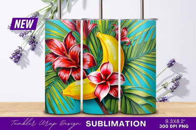 Banana with tropical flowers and palm leaves Sublimation Regulrcrative 