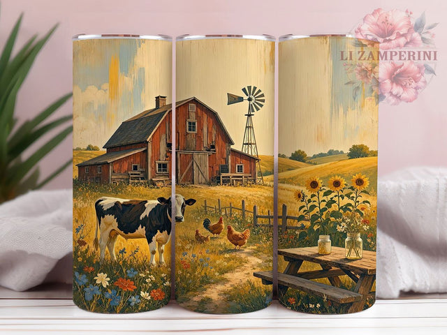 Barn Windmill Sunflower Glow 20oz Tumbler, Barn Motif, Windmill Accent, Sunflower Design, Glow Effect, Rustic Charm, Skinny Tumbler, Sublimation PNG Sublimation Li Zamperini 