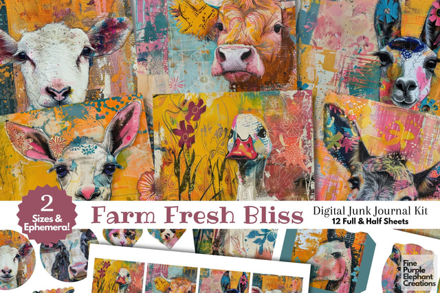 Barnyard Farm Spring Digital Junk Journal Kit Half Pages | Easter Floral Digital Pattern Fine Purple Elephant Creations 