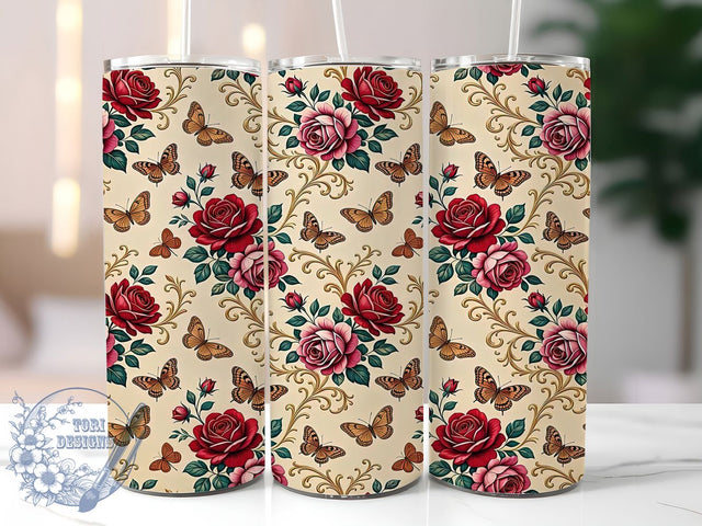 Baroque Butterfly Roses 20oz Tumbler, Baroque Motif, Butterfly Rose Design, Ornamental Theme, Elegant Accent, Romantic Charm, Sublimation Wrap, 20oz Tumbler Sublimation ToriDesigns 