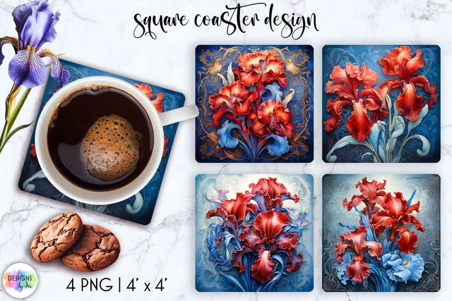 Baroque Floral Coaster Sublimation, Iris Flowers Illustration Sublimation Designs by Ira 