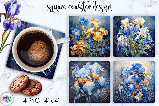 Baroque Iris Flowers Square Coasters Sublimation Set Sublimation Designs by Ira 