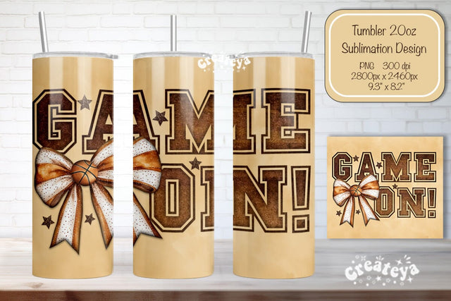 Basketball Tumbler wrap Basketball Bow Game on Seamless 20oz Skinny Tumbler Wrap PNG Retro Sublimation Design Sublimation Createya Design 