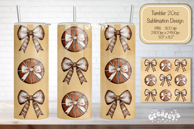 Basketball Tumbler Wrap Basketball Bow Seamless 20oz Skinny Tumbler Wrap PNG Retro Sublimation Design Sublimation Createya Design 