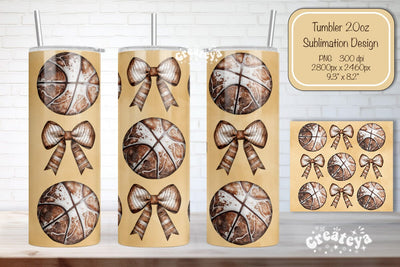 Basketball Tumbler Wrap Basketball Bow Seamless 20oz Skinny Tumbler Wrap PNG Retro Sublimation Design Sublimation Createya Design 