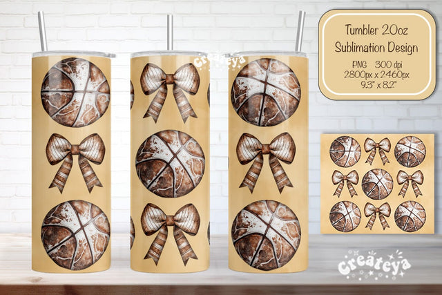 Basketball Tumbler Wrap Basketball Bow Seamless 20oz Skinny Tumbler Wrap PNG Retro Sublimation Design Sublimation Createya Design 