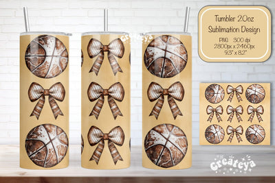 Basketball Tumbler Wrap Basketball Bow Seamless 20oz Skinny Tumbler Wrap PNG Retro Sublimation Design Sublimation Createya Design 