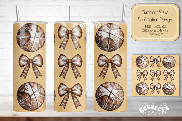 Basketball Tumbler Wrap Basketball Bow Seamless 20oz Skinny Tumbler Wrap PNG Retro Sublimation Design Sublimation Createya Design 