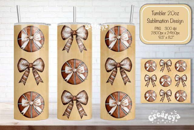Basketball Tumbler Wrap Basketball Bow Seamless 20oz Skinny Tumbler Wrap PNG Retro Sublimation Design Sublimation Createya Design 