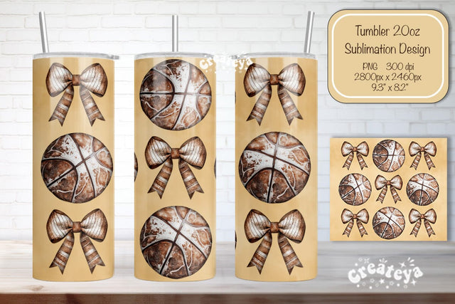 Basketball Tumbler Wrap Basketball Bow Seamless 20oz Skinny Tumbler Wrap PNG Retro Sublimation Design Sublimation Createya Design 