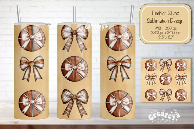 Basketball Tumbler Wrap Basketball Bow Seamless 20oz Skinny Tumbler Wrap PNG Retro Sublimation Design Sublimation Createya Design 