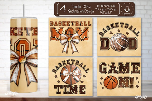Basketball Tumbler wrap Basketball Dad Bow Seamless 20oz Skinny Tumbler Wrap PNG Retro Sublimation Design Sublimation Createya Design 