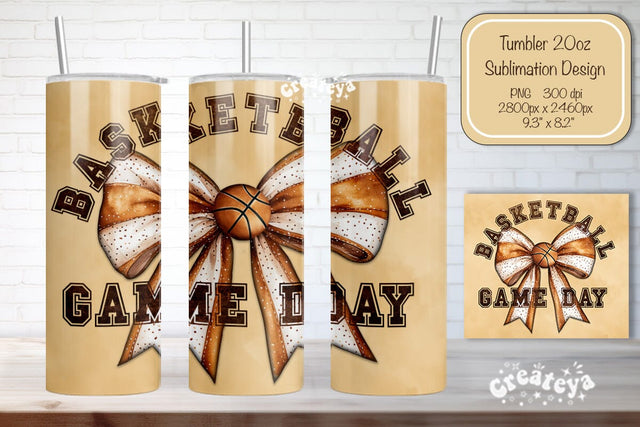Basketball Tumbler wrap Basketball Game day Bow Seamless 20oz Skinny Tumbler Wrap PNG Retro Sublimation Design Sublimation Createya Design 
