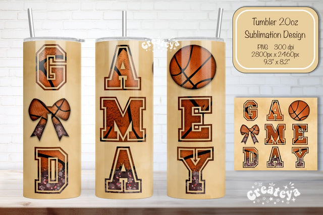 Basketball Tumbler wrap Basketball Game day Bow Seamless 20oz Skinny Tumbler Wrap PNG Retro Sublimation Design Sublimation Createya Design 