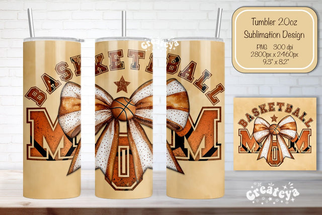 Basketball Tumbler wrap Basketball Mom Bow Seamless 20oz Skinny Tumbler Wrap PNG Retro Sublimation Design Sublimation Createya Design 