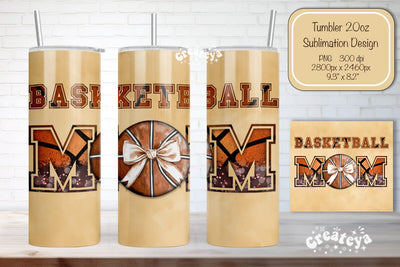 Basketball Tumbler wrap Basketball Mom Bow Seamless 20oz Skinny Tumbler Wrap PNG Retro Sublimation Design Sublimation Createya Design 