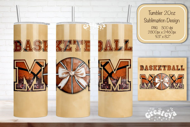 Basketball Tumbler wrap Basketball Mom Bow Seamless 20oz Skinny Tumbler Wrap PNG Retro Sublimation Design Sublimation Createya Design 