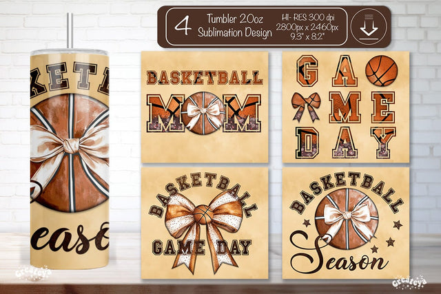 Basketball Tumbler wrap Basketball Mom Bow Seamless 20oz Skinny Tumbler Wrap PNG Retro Sublimation Design Sublimation Createya Design 