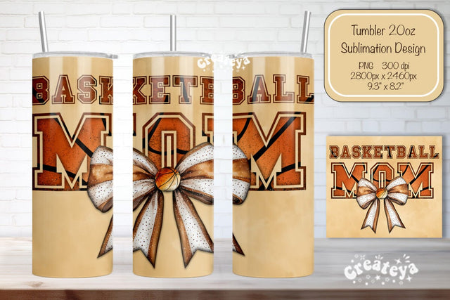 Basketball Tumbler wrap Basketball Mom Bow Seamless 20oz Skinny Tumbler Wrap PNG Retro Sublimation Design Sublimation Createya Design 