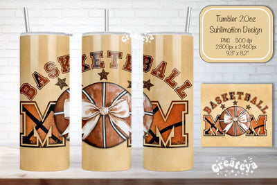 Basketball Tumbler wrap Basketball Mom Bow Seamless 20oz Skinny Tumbler Wrap PNG Retro Sublimation Design Sublimation Createya Design 