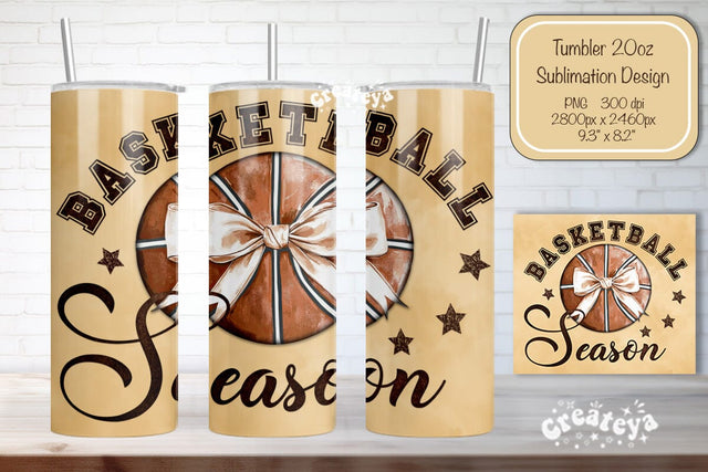 Basketball Tumbler wrap Basketball Season Bow Seamless 20oz Skinny Tumbler Wrap PNG Retro Sublimation Design Sublimation Createya Design 