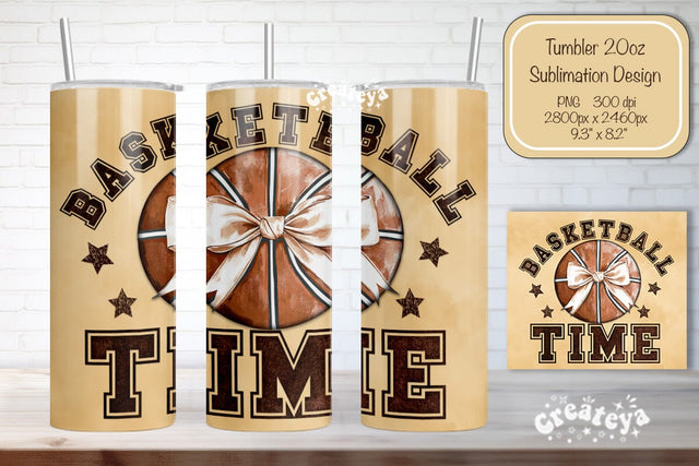 Basketball Tumbler wrap Basketball Time Bow Seamless 20oz Skinny Tumbler Wrap PNG Retro Sublimation Design Sublimation Createya Design 