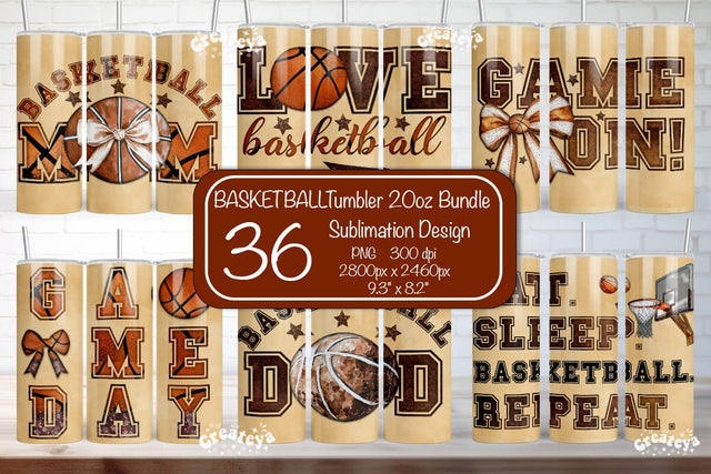 Basketball Tumbler wrap Bundle Basketball Bow Seamless 20oz Skinny Tumbler Wrap PNG Retro Sublimation Design Sublimation Createya Design 