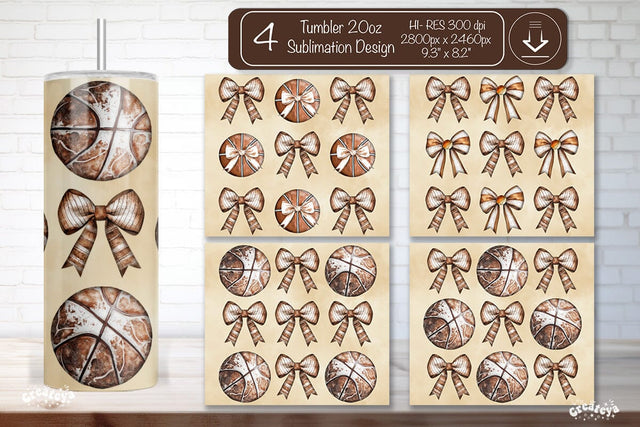 Basketball Tumbler wrap Coquette Basketball Bow Seamless 20oz Skinny Tumbler Wrap PNG Retro Sublimation Design Sublimation Createya Design 