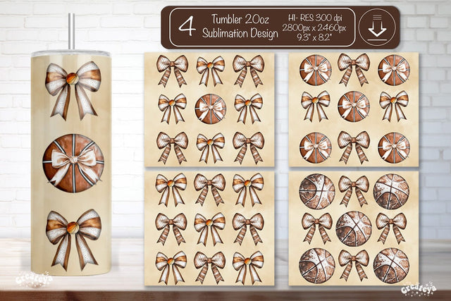 Basketball Tumbler wrap Coquette Basketball Bow Seamless 20oz Skinny Tumbler Wrap PNG Retro Sublimation Design Sublimation Createya Design 