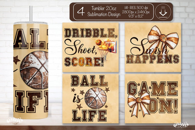 Basketball Tumbler wrap Game on Basketball Bow Seamless 20oz Skinny Tumbler Wrap PNG Retro Sublimation Design Sublimation Createya Design 