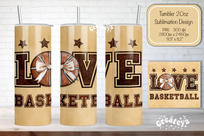Basketball Tumbler wrap Love Basketball Bow Seamless 20oz Skinny Tumbler Wrap PNG Retro Sublimation Design Sublimation Createya Design 