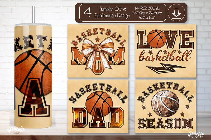 Basketball Tumbler wrap Love Basketball Bow Seamless 20oz Skinny Tumbler Wrap PNG Retro Sublimation Design Sublimation Createya Design 