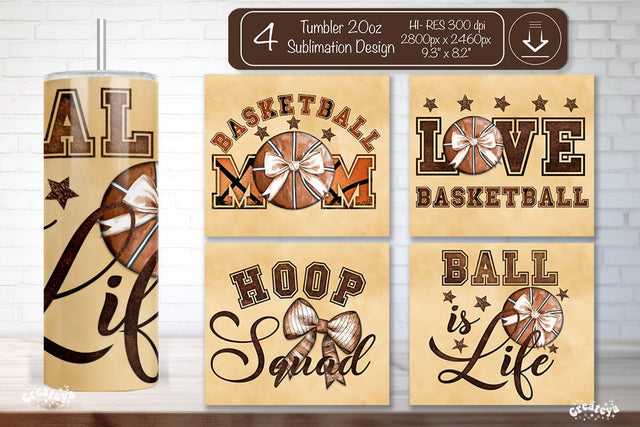 Basketball Tumbler wrap Love Basketball Bow Seamless 20oz Skinny Tumbler Wrap PNG Retro Sublimation Design Sublimation Createya Design 