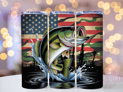 Bass American Flag 20oz Tumbler Wrap, Bass Fish, American Flag, Patriotic Theme, Fishing Motif, Outdoor Style, Skinny Tumbler, Sublimation PNG Sublimation SvggirlplusArt 