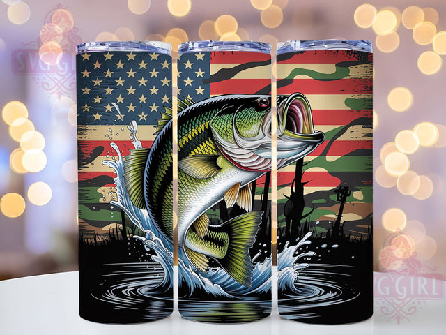 Bass American Flag 20oz Tumbler Wrap, Bass Fish, American Flag, Patriotic Theme, Fishing Motif, Outdoor Style, Skinny Tumbler, Sublimation PNG Sublimation SvggirlplusArt 