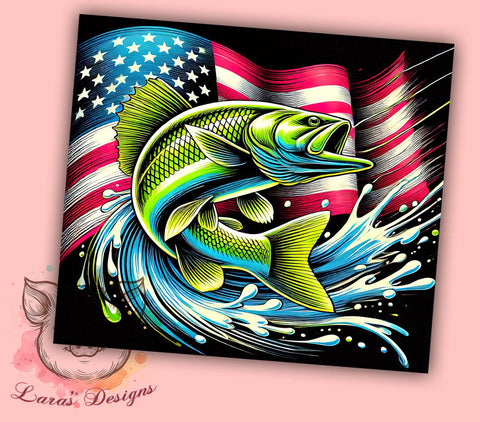 Bass Fish American Flag Patriotic Tumbler Wrap, American Flag Tumbler, 20oz Tumbler Wrap, Sublimation Drinkware, Fishing Gift, Patriotic Tumbler, Custom Outdoor Mug Sublimation Lara' s Designs 