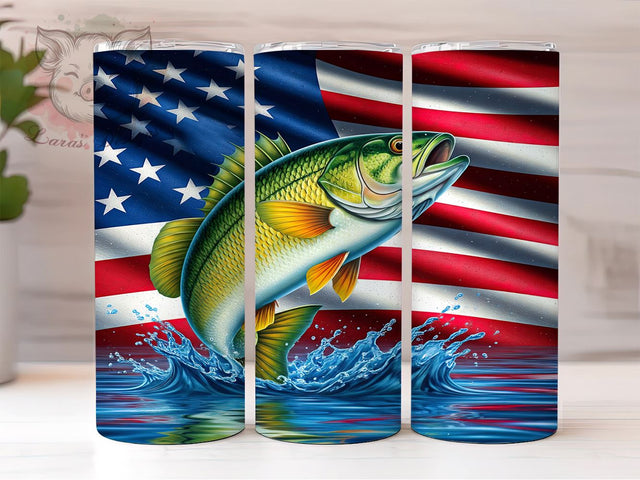 Bass Fish American Flag Patriotic Tumbler Wrap, American Flag Tumbler, 20oz Tumbler Wrap, Sublimation Drinkware, Fishing Gift, Patriotic Tumbler, Custom Outdoor Mug Sublimation Lara' s Designs 